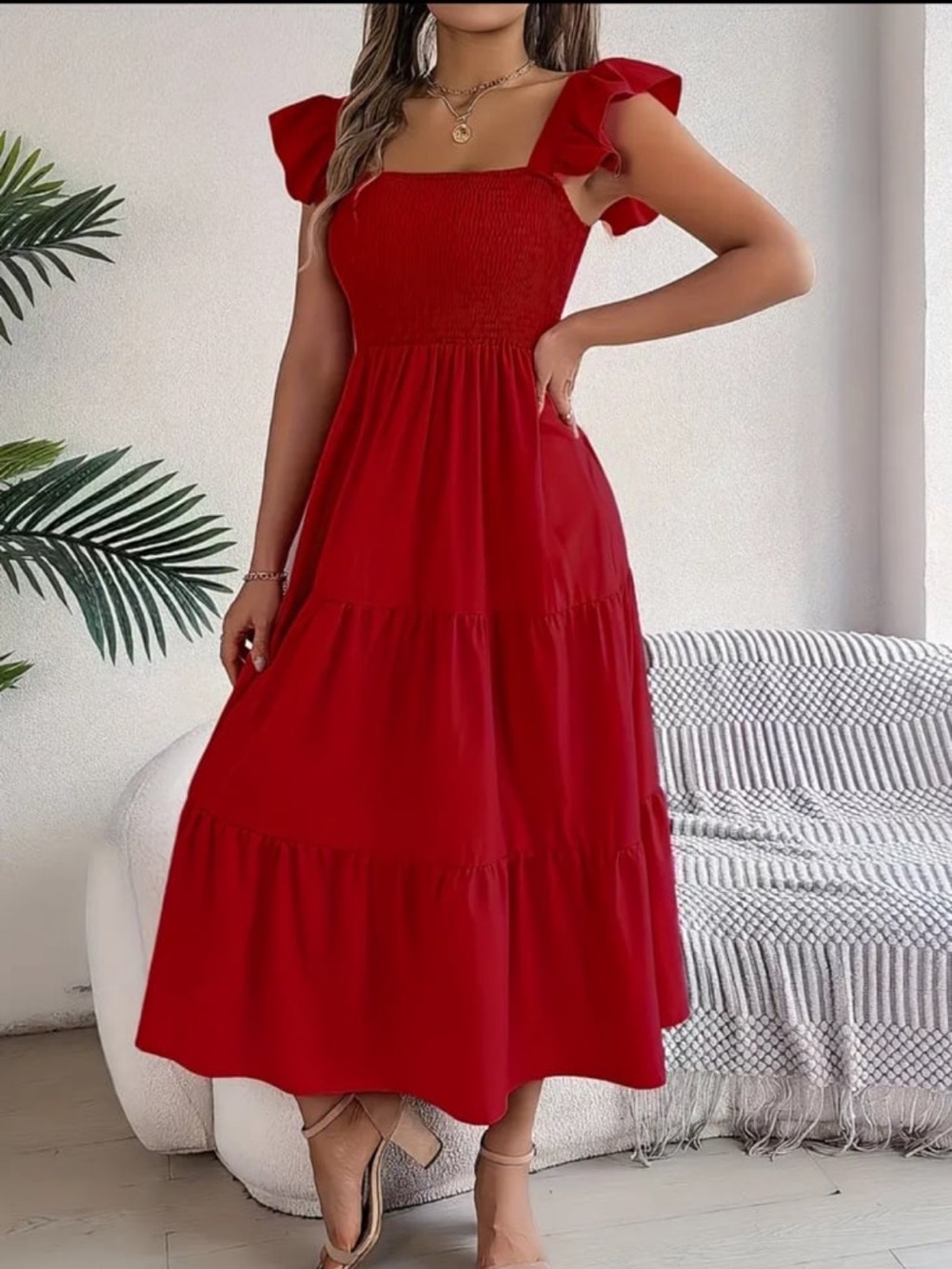 New! Women’s Red Maxi Ruffle Dress. Size: Large.